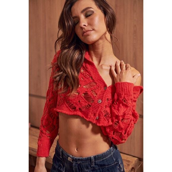 NWT Free People Sedona Open Knit Cropped Cardigan in Guava Berry, Size Small - Picture 1 of 16